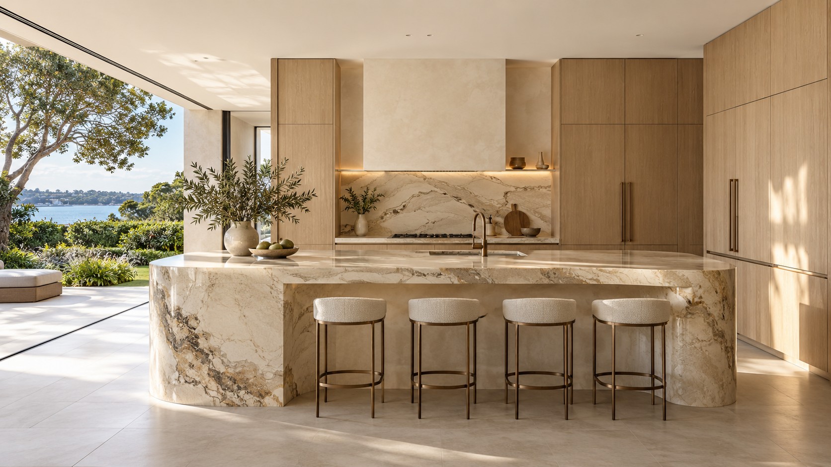 Luxury kitchen with sculptural island and bespoke cabinetry